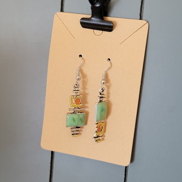 Boho Green Orange Dangle Earrings Pierced Silver Tone 1.9" Drop Jewelry Gift Bag - Picture 3 of 10